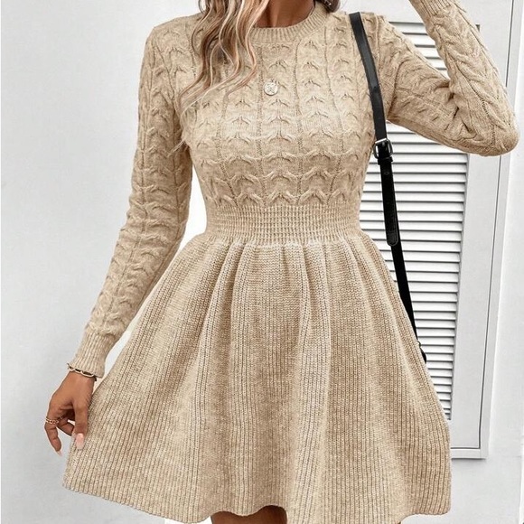 New Chic Cable Knit Skater Long Sleeve Knit Sweater Dress - Picture 5 of 13